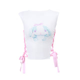 Zingj 2023 New Women's Round Collar Sleeve Cute Rabbit Print Side Hollow Out Cross Tie Short