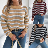 Autumn And Winter Casual Hollow Striped Lantern Long-Sleeved Jacket Sweater Women's