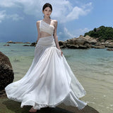 Zingj White Hollow Out Inclined Shoulder Sleeveless Dress Female Summer Senior Sense Seaside Vacation Temperament Show Thin Long