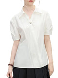Temperament Design Sense V-Neck Shirt Woman 2025 Summer New Loose White Short-Sleeved Shirt Top