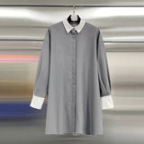 Temperament 2025 Autumn And Winter New Fashion Collar Bump Color Thin Splicing Button Long French Top Woman