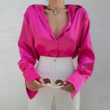 Long Sleeve Blouses Women 2023 Vintage Blue Green Silk Shirt Women Casual Loose Button Up Down Shirts Elegant Tops