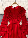 Vintage Women Pleated Party Long Dress Elegant Round Neck Lantern Sleeve High Waist Ruffle Draped Maxi Vestidos