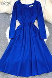 Vintage Women Square Collar Midi Dress Elegant Green/Pink/Red High Waist Slim Draped Big Swing Vestidos Female Robe