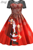 Women Christmas Dress Short Sleeve Lace Sexy Evening Party Dresses Tunic 50s Hepburn Elegant
