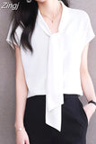 Tie Blouse Shirt for Women OL Elegant Blouses Satin Womens Tops Silk Female Clothing 2023 Korean Fashion Short Sleeve
