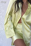 Women 2pcs Set Vintage Satin Long Sleeve Blouse Single Hook T-shirt A-line Shape Mini Skirt Elegant Lady Matching