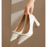Women 2025 Spring New Fashion Sharp Thick Heel Shoes Korean Version Of Pearl Comfortable Satin Shallow Mouth Single