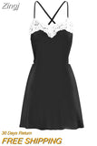 Women Sexy Lace Trim Slip Dress Satin Low Cut Spaghetti Strap Sleeveless Open Back Cami Mini Dress Party
