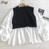 Fashion Patchwork Blouses Spring New Fake Two O-Neck Puff Sleeve Blouses Tops Casual College knitted Shirt Women