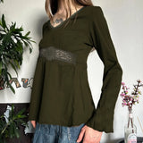 V-Neck High-Waisted Skirt-Shaped Long-Sleeved T-Shirt Women's Embroidered T-Sleeve Design-Sleeve