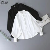 Women Lantern Sleeve Loose Turn-down Collar Simple Solid Feminino Blouses Minority Korean Style Autumn All-match