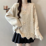 Three-Dimensional Bow V-Neck Shoulder Knitted Sweater Woman 2025 Autumn Big-Size Fat Mm Super Nice Look And Beautiful