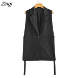 Women 2021 Fashion Solid Side Split One-Button Vest Vintage Female Sleeveless Outerwear Suit Chic Outwear Waistcoat