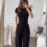 Summer New Women's Round Neck Solid Color Wide Leg Pants Commuting Leisure Suit