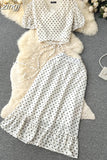 Women Polka Dot Chiffon Two Piece Set Vintage V-Neck Bandage Short Tops + High Waist Mermaid Skirt 2Pcs Suits New