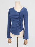 2025 Autumn New Temperament Folding Irregular Oblique Shoulder Design Long-Sleeved Knitted Top