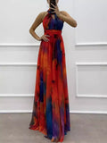 Women's Sleeveless Print With Dress Fashion Swing Hanging Neck Round Women