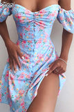 Women Summer Dress Sexy V Neck Floral Print Boho Beach Dress Split Off the Shoulder A Line Mini Sundress Robe