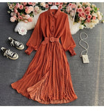 Shirt Collar Wave Dot Dress Spring And Autumn New Gentle Wind Temperament To Close The Waist Of The Big Folded Fork