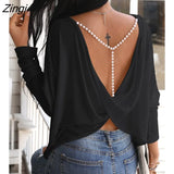 Autumn Spring Women Fashion Elegant Sexy Long Sleeve Ladies Open Back Top Solid Beaded Strap Backless Twisted
