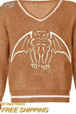 Skulls Blue Knitted Sweaters for Women Fashion Winter Tops Oversized Jumper V Neck Long Sleeve Pullovers Halloween