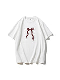 Sale Of Retro Simple Bow Print T-Shirts For Girls In Summer Loose Round-Neck Pure Cotton Short