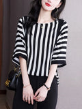 Women Blouses Stripe Loose Blouse Short-sleeve Satin Blouses for Women Batwing Sleeve Oversized Summer Clothing Womens