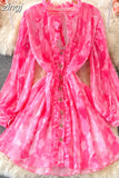 Vintage Women Pleated Chiffon Mini Dress Elegant V-Neck Draped Single Breasted Ruffle Vestidos Sexy Party Robe 2023