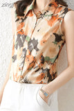 Satin Women's Silk Blouse Shirt Sleeveless Women Shirts Blouses Polo-Neck Chiffon Print Laides Tops Summer Vintage