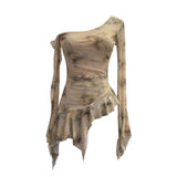 Tie-Dye-Print Oblique Shoulder Dress Repair Irregular Lotus Horn Long-Sleeved Mesh T-Shirt