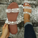 Square Head Pearl Simple One-Character Slippers Women's Large Size Beach Cool