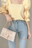 Square Collar Shirring Blouse French Chic Women Tops 2023 Summer Puff Sleeve chiffon Blouses Elegant Shirt Blusas