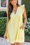 Dress with Pockets 2023 Summer Short Sleeve Lace Dresses for Women Hollow Out Spliced V-neck High Waist Party Dress