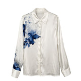 New Vintage Ink Printing Chiffon Shirt Turn-down Collar Long Sleeve Satin Blouse Women Summer Korean Style Casual