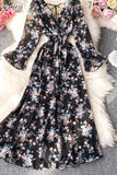 Autumn Women Floral Long Dress Vintage V-Neck Flare Sleeve Backless High Waist A-Line Big Swing Maxi Vestidos New