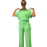 Women's 2025 Summer New Casual Clip Short Sleeve Shirt Broad Leg Pants Fashion