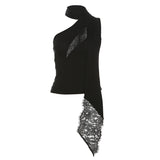 Zingj Summer Women's Lace Ribbon Stitching Hollow Out Asymmetrical Slim Small Vest-Outfit