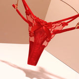 Sexy Embroidery Lady T-Word T-Tants Lace Transparent Hollow Seduction Hot Red Life Year