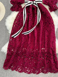 Autumn Vintage Women Hollow Out Lace Party Dress Sexy Slash Neck Off Shoulder Lantern Sleeve High Waist Vestidos 2023