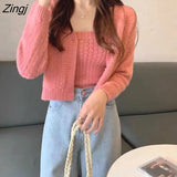 Autumn Women Knitted Two Piece Set Long Sleeve Loose Knitted Cropped Cardigan + Spaghetti Strap Camisole Top Clothing