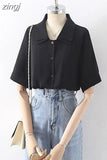 Design Double Turn Down Collar Women White Shirts Short Sleeve Summer Button Up OL Shirts Korean Casual Chiffon Female