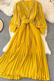 Embroidered Pleated Long Dress Vintage V-Neck Lantern Sleeve High Waist Draped Maxi Vestidos Female 2023