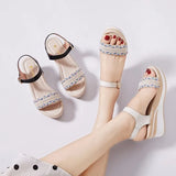 Sandals And High-Heeled Roman Pine Cream Sandals Round Head Water Drill Bohemian