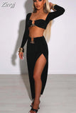 Ring Two Piece Set Autumn Women Party Dress Strapless Crop Top High Split Maxi Skirt Summer Holiday Beach Outfits