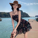 Zingj Photo Summer New Thai Fashion Seaside Holiday Wind Small Print Elastic Lace With A Strapless