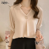 Summer Tops Blouse Women Solid V-neck Short Sleeve Chiffon Blouse Women Elegant Korean Loose Slim New Ladies Tops