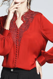 V Neck Shirts Long Sleeve Embroidery Blouse Women Hollow Out Tops Spring 2023 Office Lady Solid Loose Clothes New