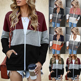 Sleeve Color Hooded Sweatshirt Women's Cotton Blend Zipper Pocket Cardigan