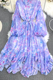 Autumn Women Floral Irregular Ruffle Long Dress Bohemian Pink/Blue/Purple Stand Collar Puff Sleeve High Waist